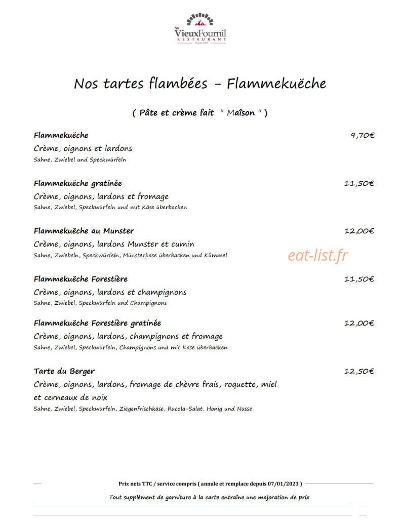 Carte et menu de Au Vieux Fournil à Gambsheim — Les tartes flambées