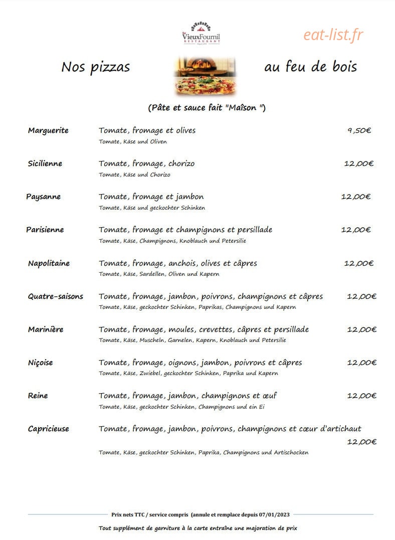 Carte et menu de Au Vieux Fournil à Gambsheim — Les pizzas