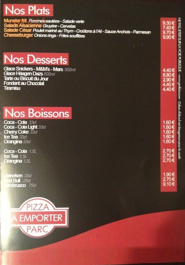 Pizza Parc — carte page 2