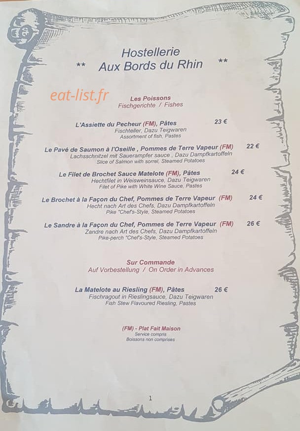 Hôtel Restaurant Bords du Rhin — carte page 1