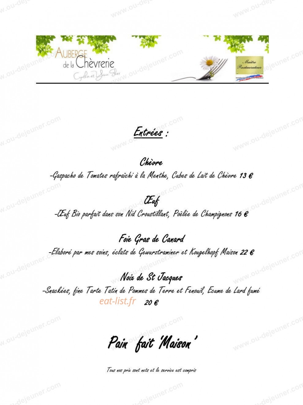 Auberge de La Chèvrerie — carte page 1