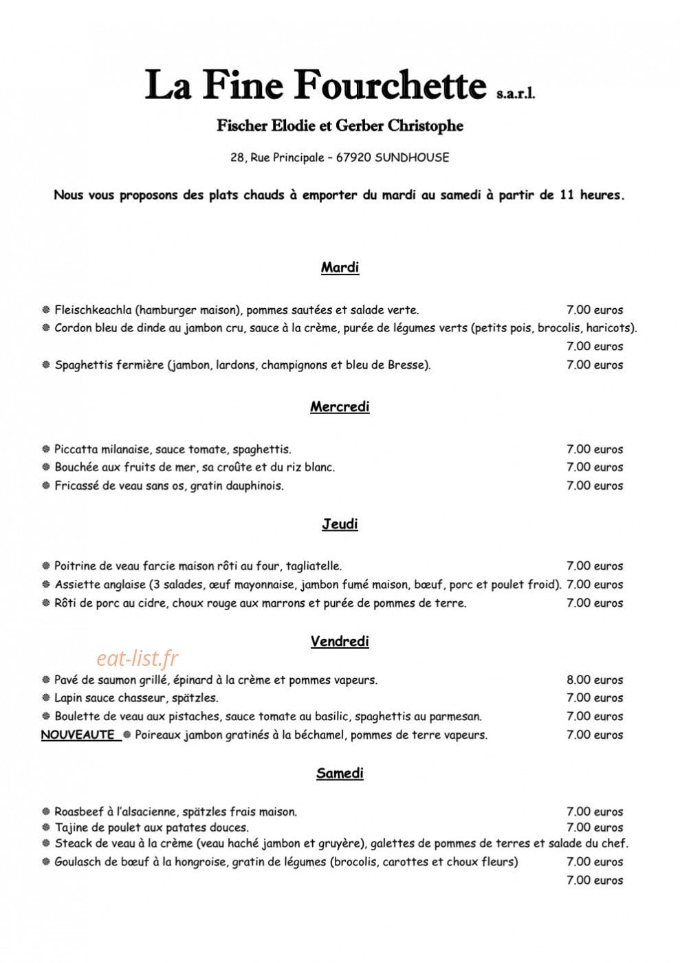 Traiteur Du Ried Menu De La Semaine La Fine Fourchette à Sundhouse - menu et photos