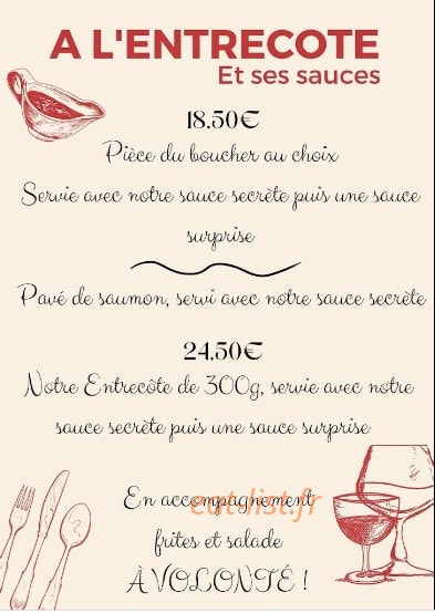 À l'Entrecôte et ses sauces — carte page 1