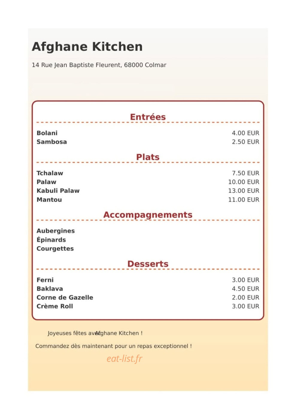 Afghane kitchen — carte page 1