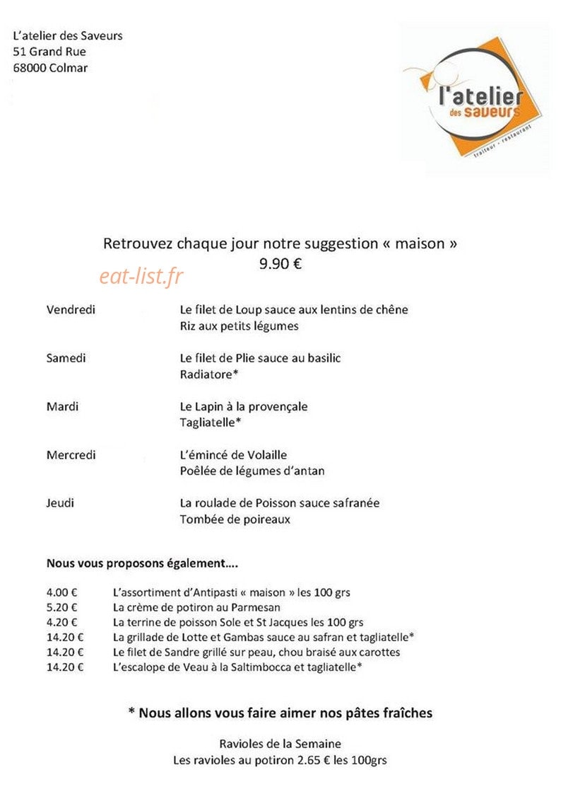 Atelier des Saveurs — carte page 1