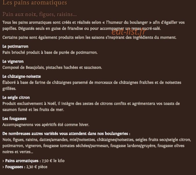 Carte et menu de Au pain de mon grand pere à Colmar — Les pains aromatiques