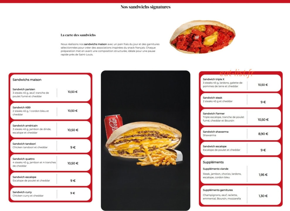 Carte et menu de La pause à Colmar — Sandwiches