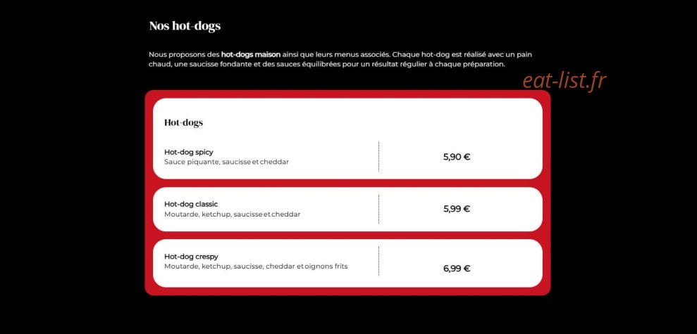 Carte et menu de La pause à Colmar — Hotdog