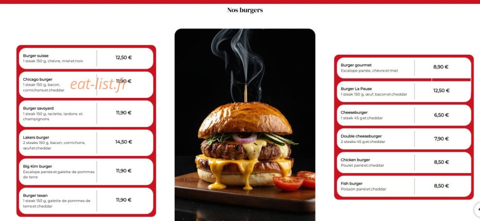 Carte et menu de La pause à Colmar — Les burgers