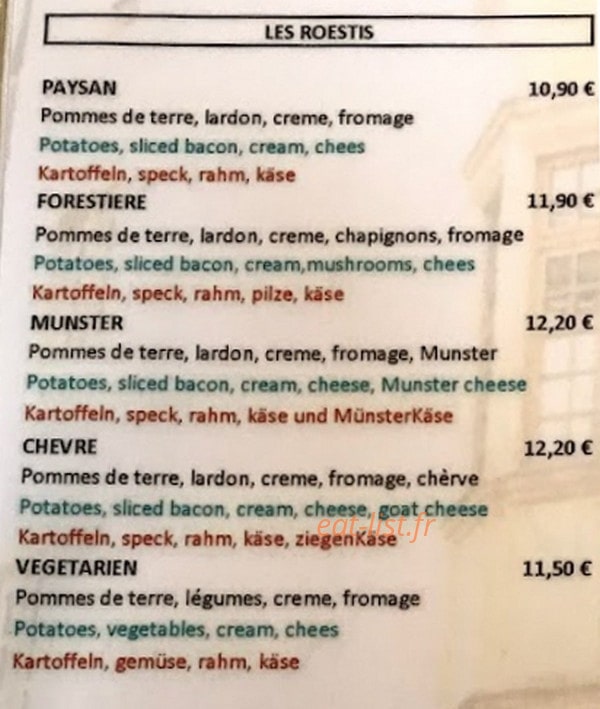 restaurant des Arcades — carte page 1