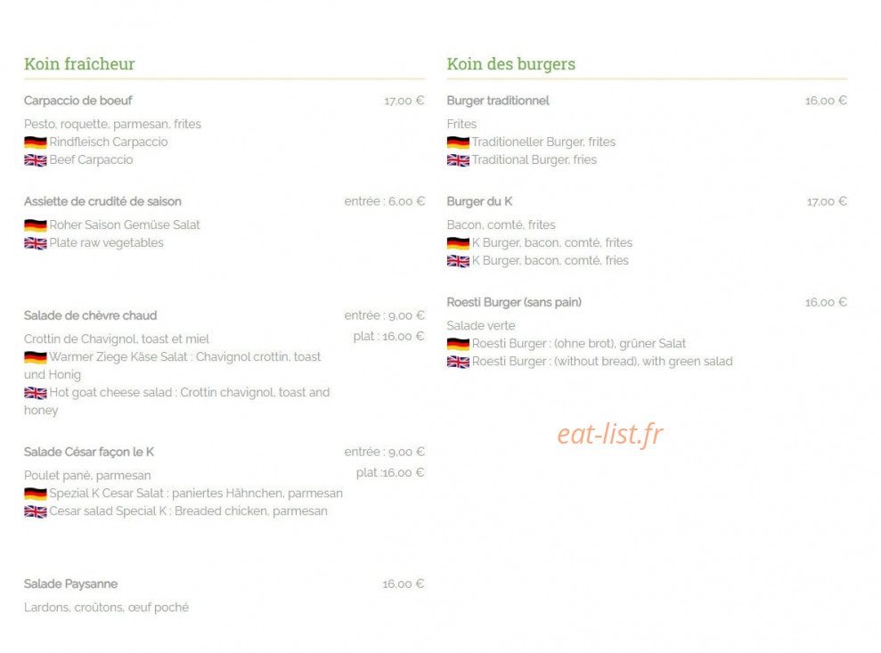Restaurant Le K — carte page 1