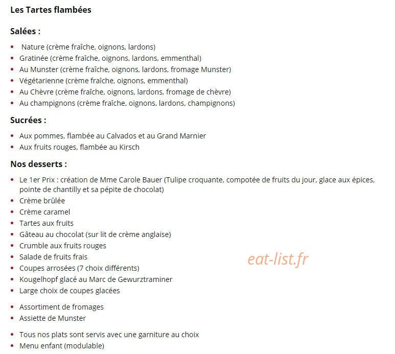 Carte et menu de Auberge du Vieux Mulhouse à Mulhouse — Les Tartes flambées et les desserts