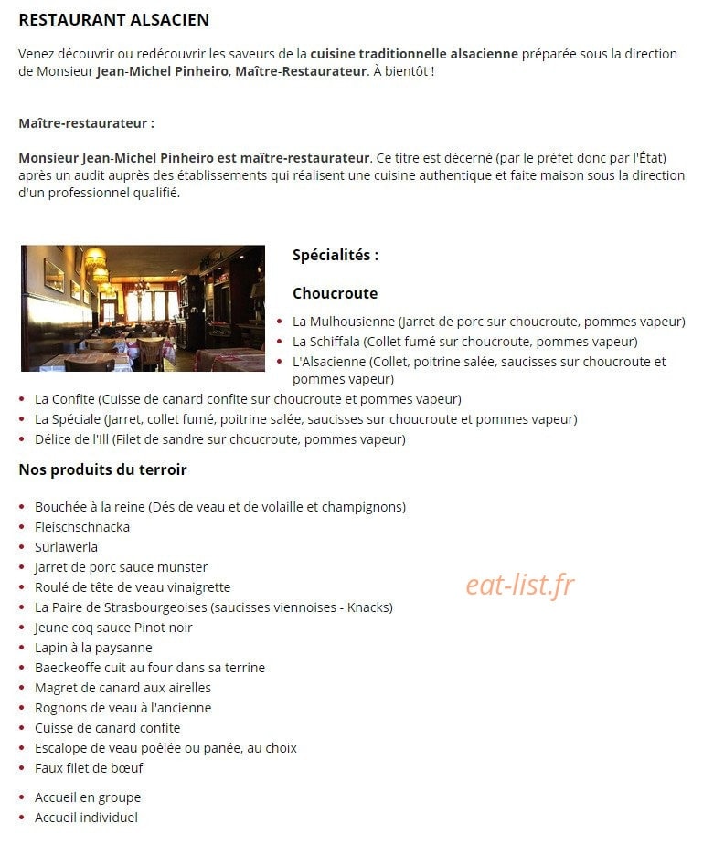 Carte et menu de Auberge du Vieux Mulhouse à Mulhouse — Les plats alsaciens