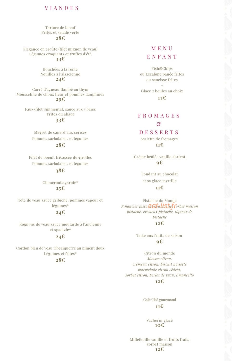 Carte et menu de L'Auberge Du Zoo à Mulhouse — Viandes, menu enfant