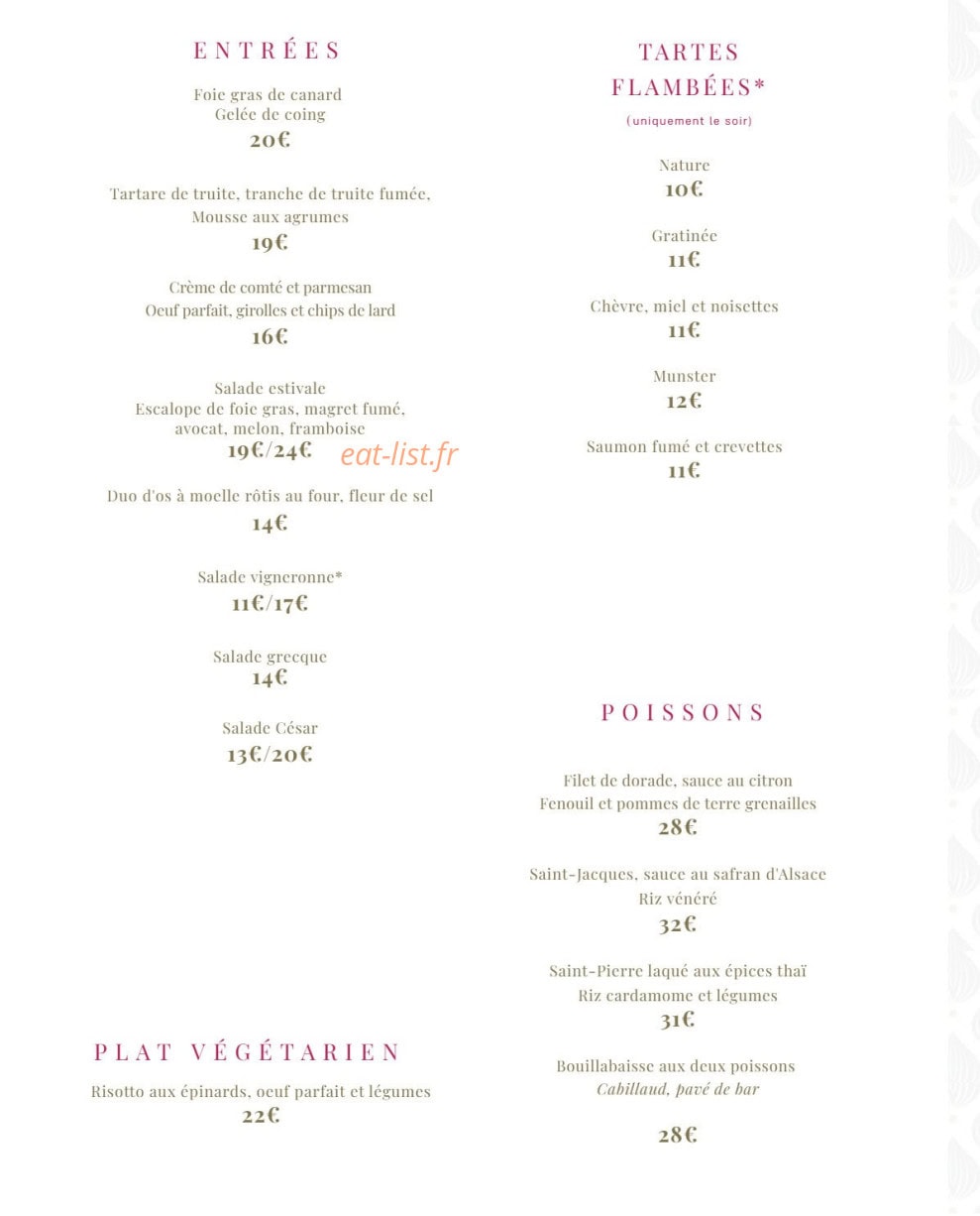 Carte et menu de L'Auberge Du Zoo à Mulhouse — Entrées, tartes...