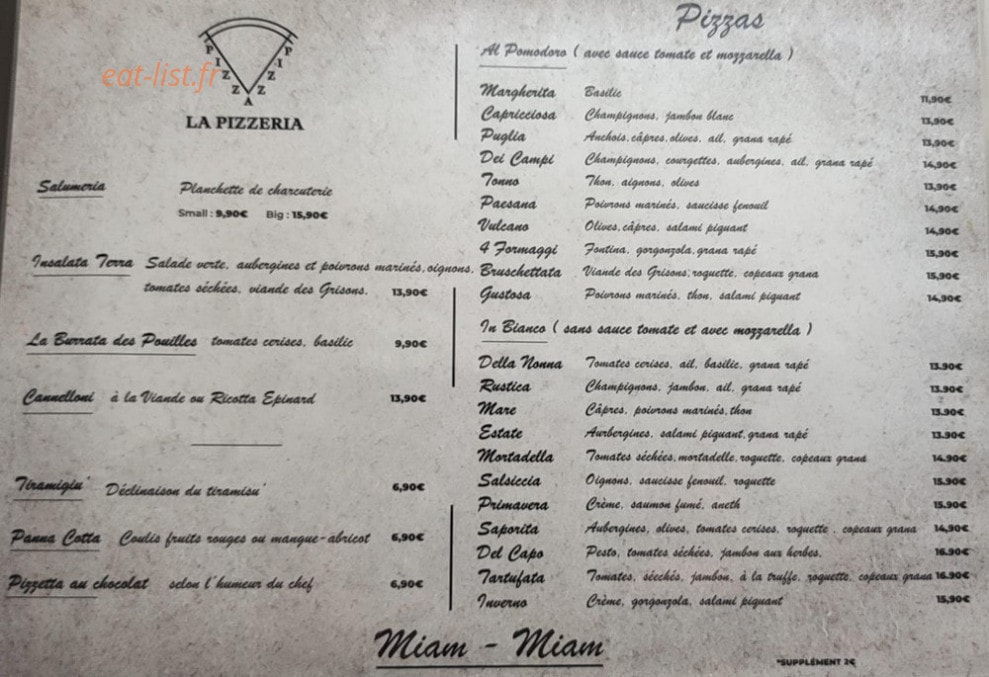 La Pizzeria — carte page 1
