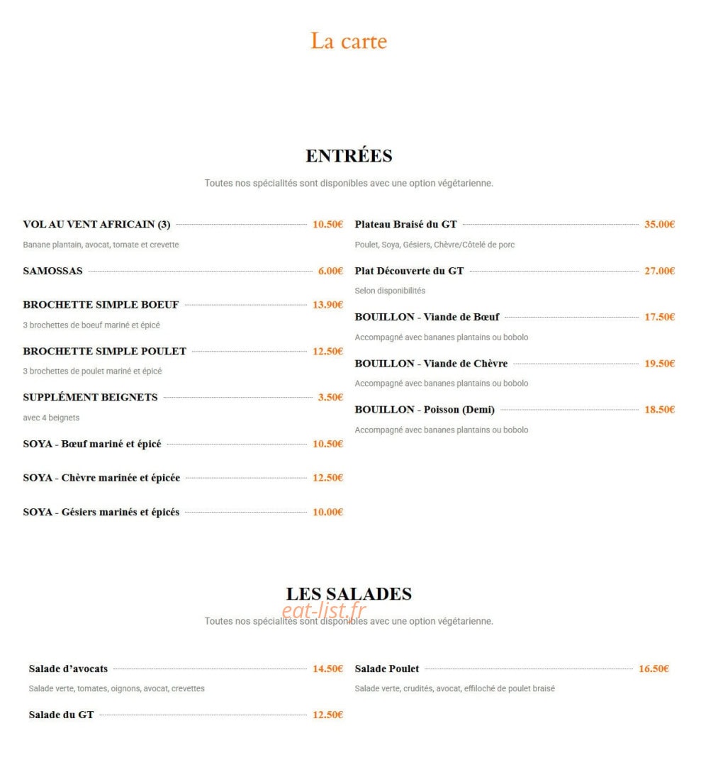 Le Restaurant GT — carte page 1