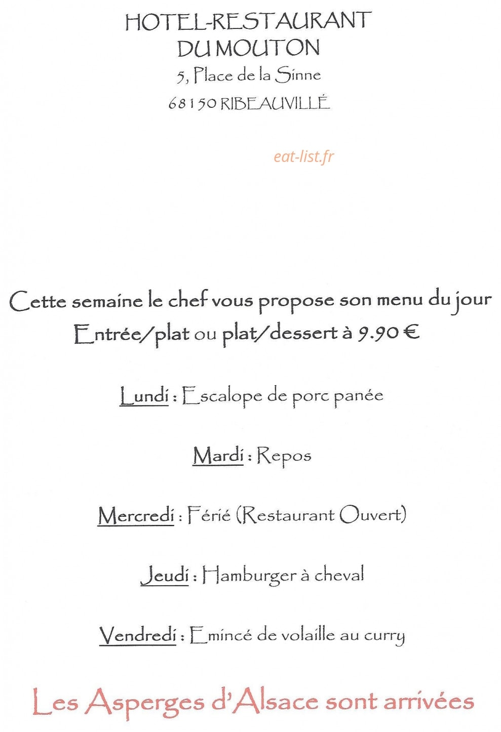 Hotel Restaurant Du Mouton — carte page 1