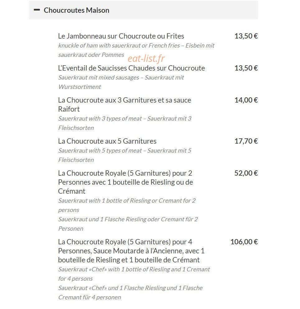 Carte et menu de La Flammerie à Ribeauville — Choucroutes maison