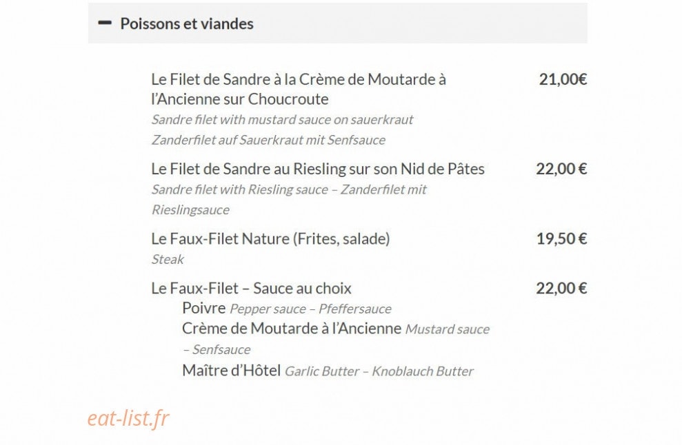 Carte et menu de La Flammerie à Ribeauville — Poissons et viandes