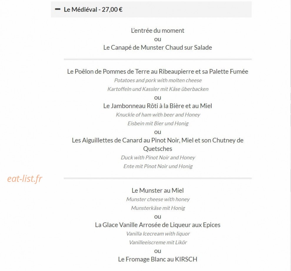 Carte et menu de La Flammerie à Ribeauville — Menu médiéval