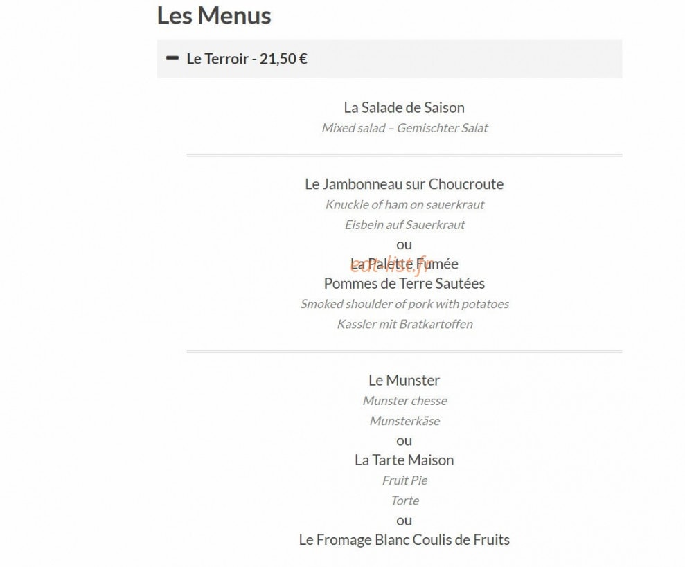 Carte et menu de La Flammerie à Ribeauville — Menu terroir