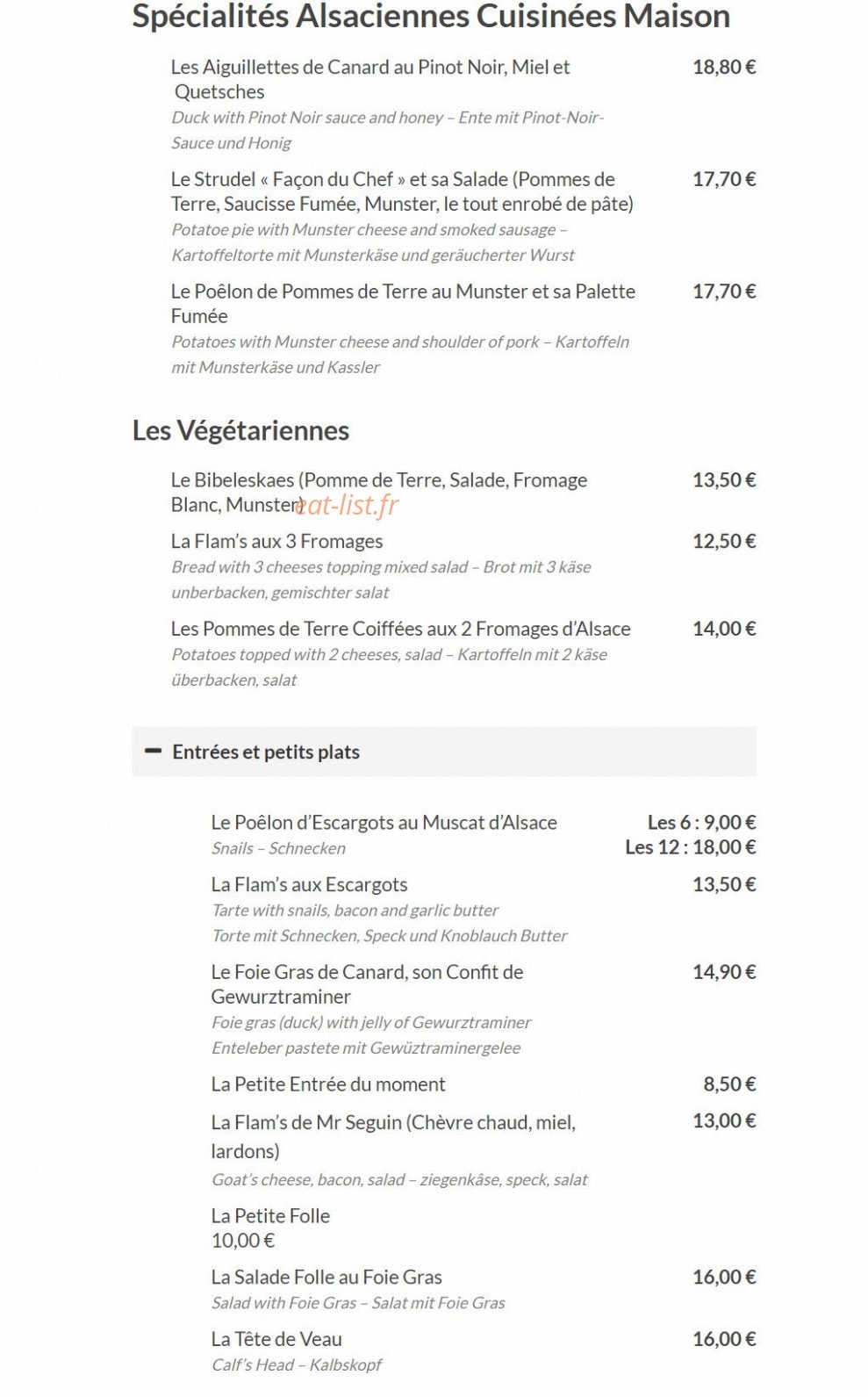 Carte et menu de La Flammerie à Ribeauville — Spécialités, entrées et plats
