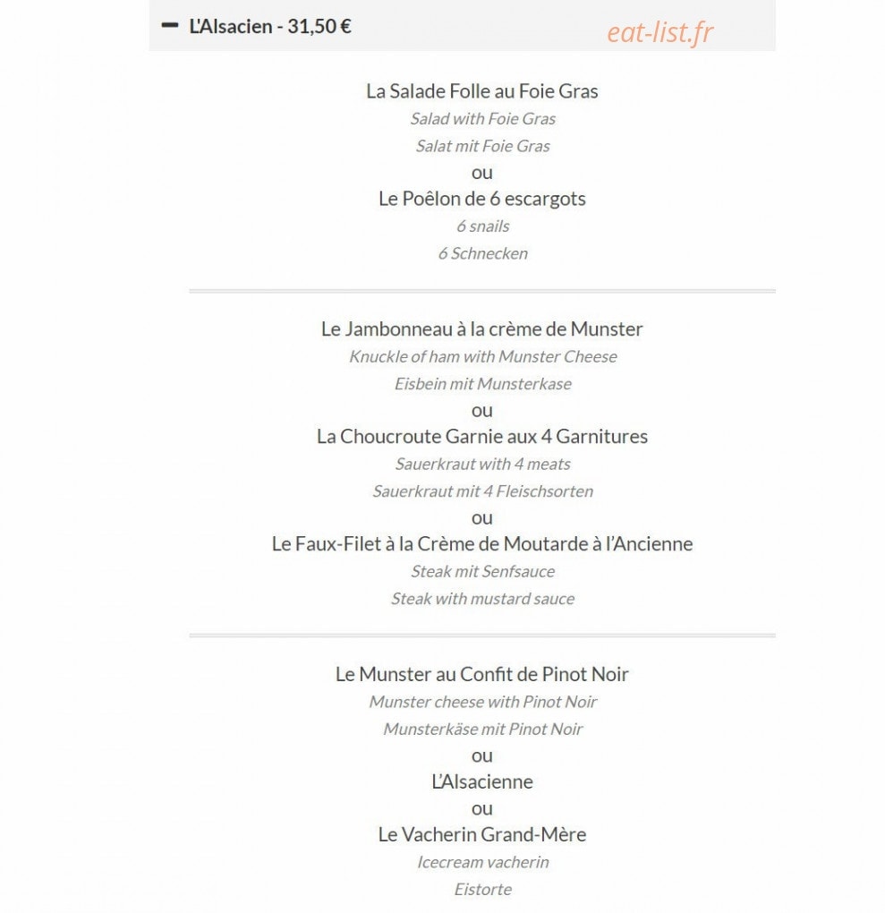 Carte et menu de La Flammerie à Ribeauville — Menu alsacien