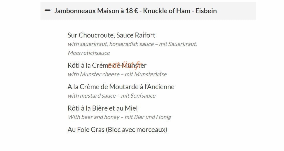 Carte et menu de La Flammerie à Ribeauville — Jambonneaux maison