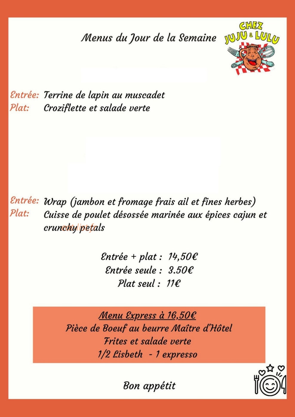 Carte et menu de Chez Juju et Lulu à Sainte Croix Aux Mines — Un exemple de menu