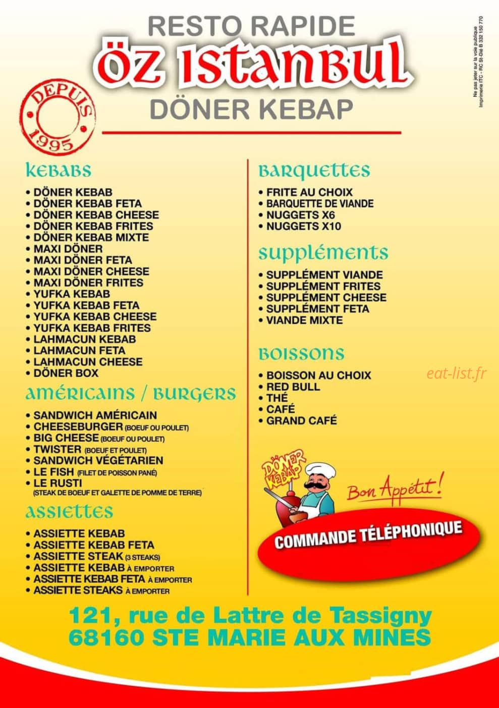 Carte et menu de Öz Istanbul à Sainte Marie Aux Mines — carte 1