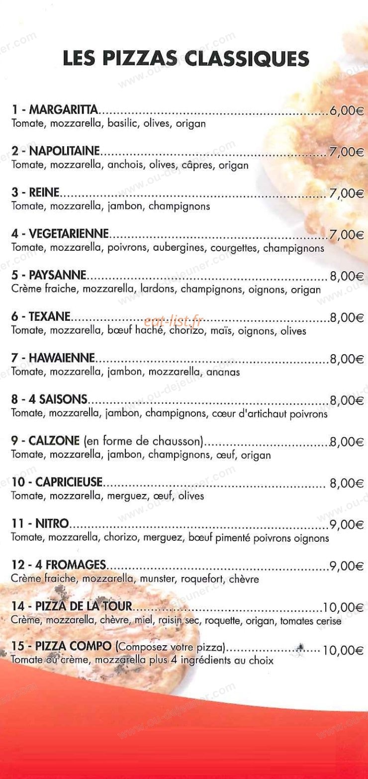 Carte et menu de La Tour de Piz'z à Horbourg Wihr — Les pizzas classiques