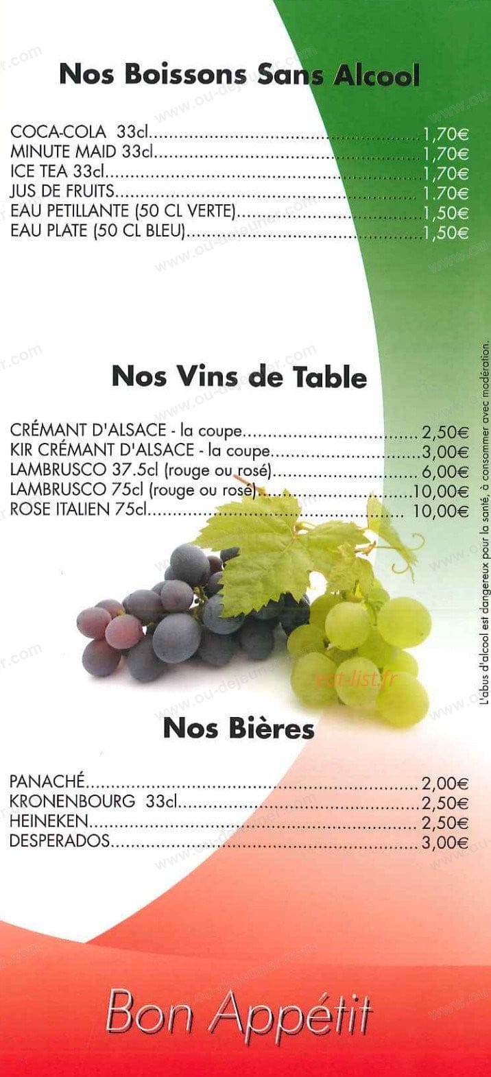 Carte et menu de La Tour de Piz'z à Horbourg Wihr — Les boissons, vins,....