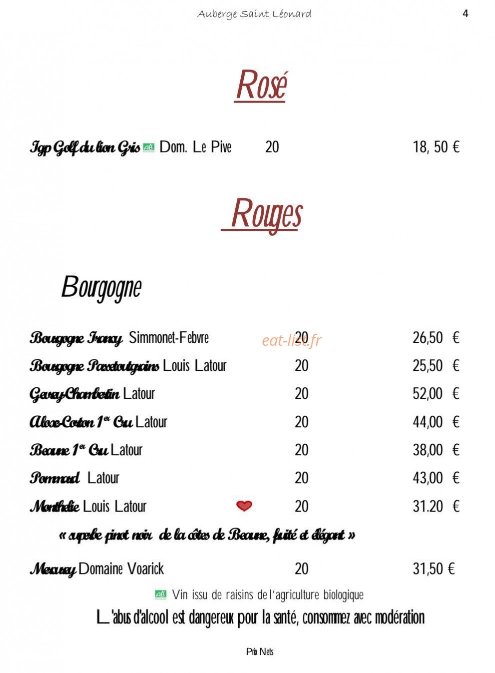 Auberge Saint Léonard — carte page 9