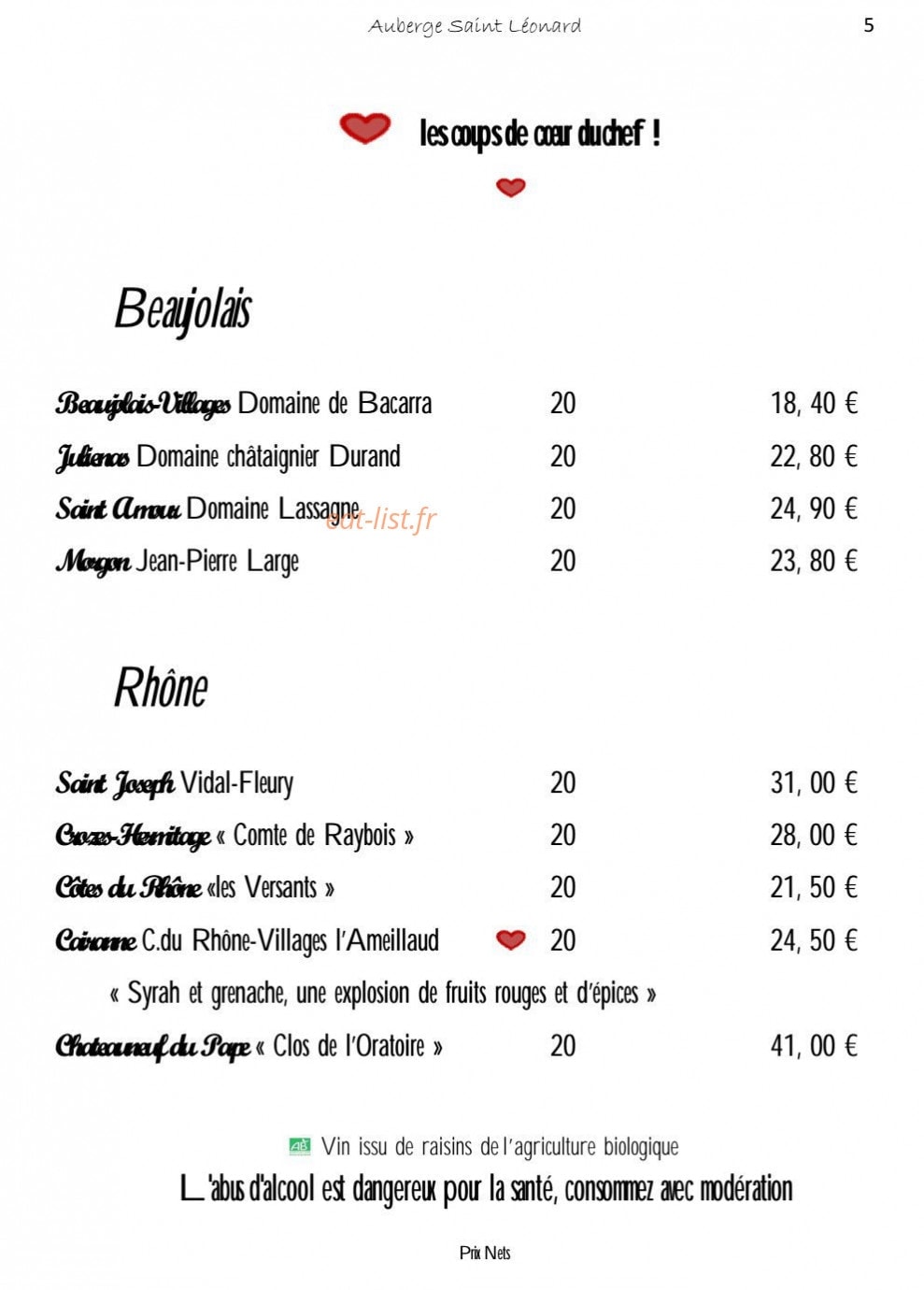 Auberge Saint Léonard — carte page 10