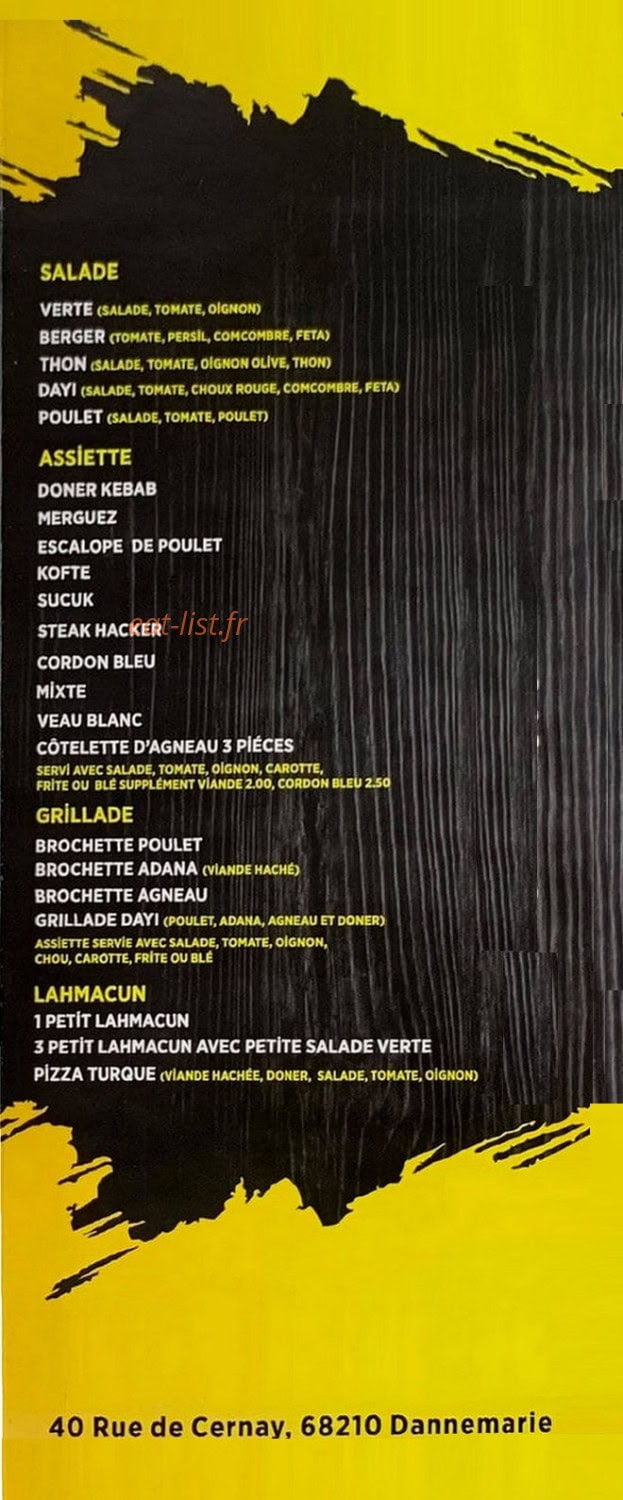 Carte et menu de Dayi à Dannemarie — Salades, assiettes, grillades et lahmacun