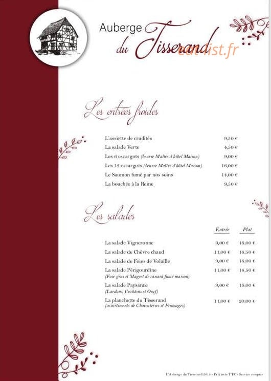 Auberge du Tisserand — carte page 1