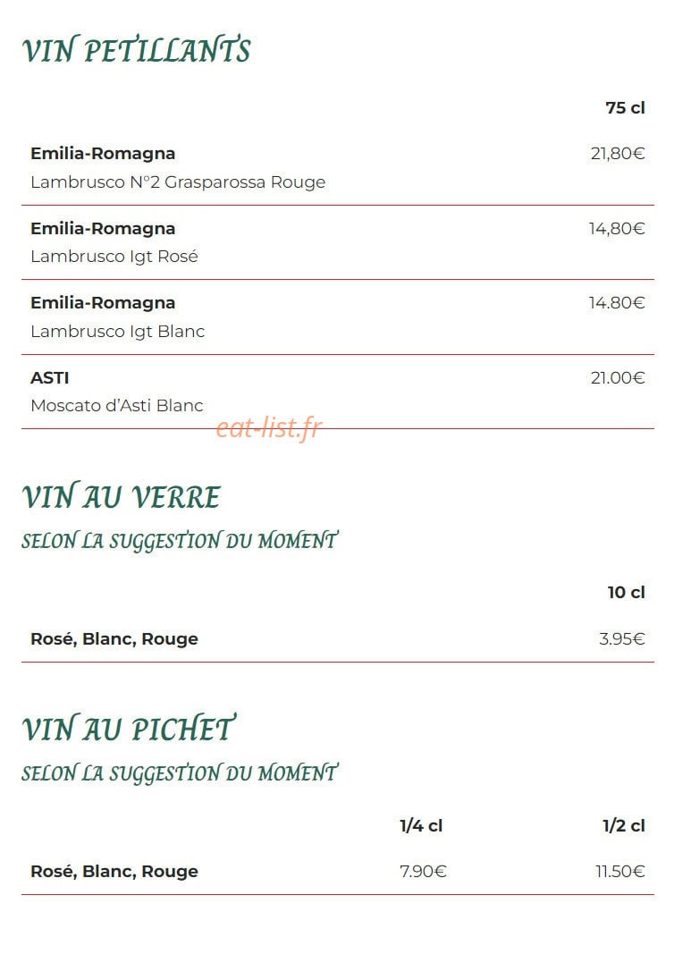 Carte et menu de La Stazione à Montreux Vieux — Les vins pétillants, vins au verre et vins au pichet