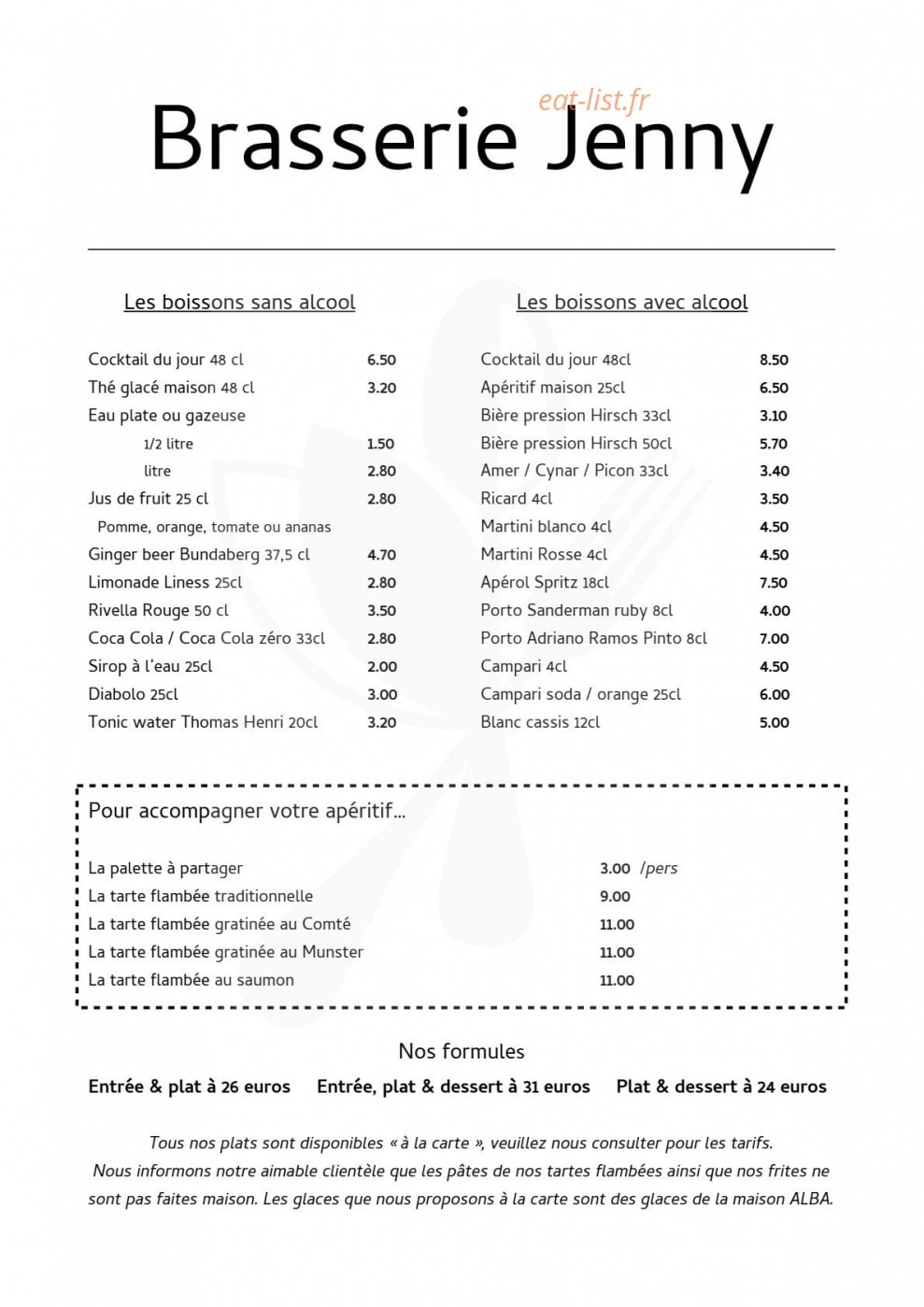 Brasserie Jenny — carte page 1