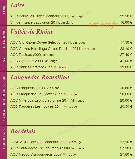 Carte et menu de Au Bon Coin à Kaysersberg Vignoble — Les autre vins