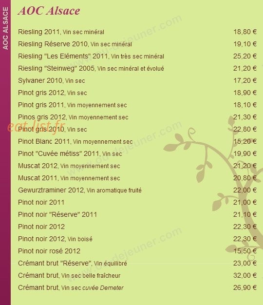 Carte et menu de Au Bon Coin à Kaysersberg Vignoble — Les vins aoc Alsace