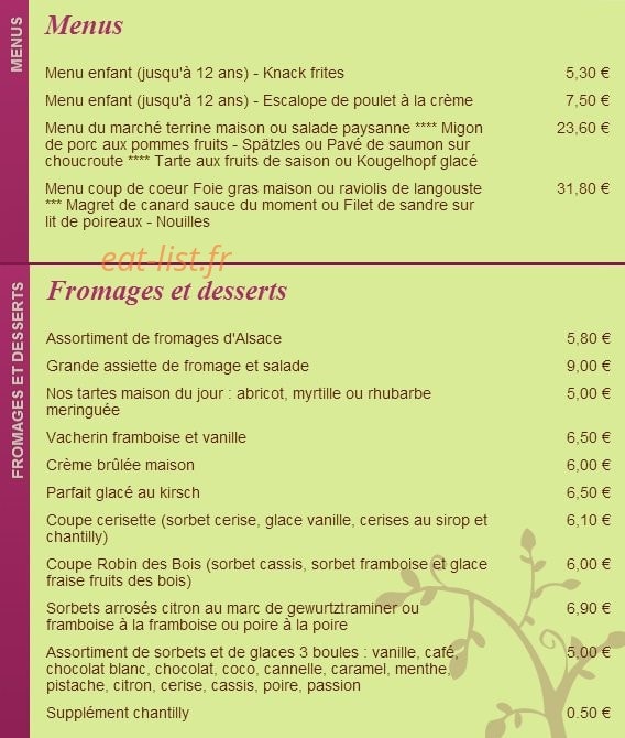Carte et menu de Au Bon Coin à Kaysersberg Vignoble — Les menus, fromages et desserts