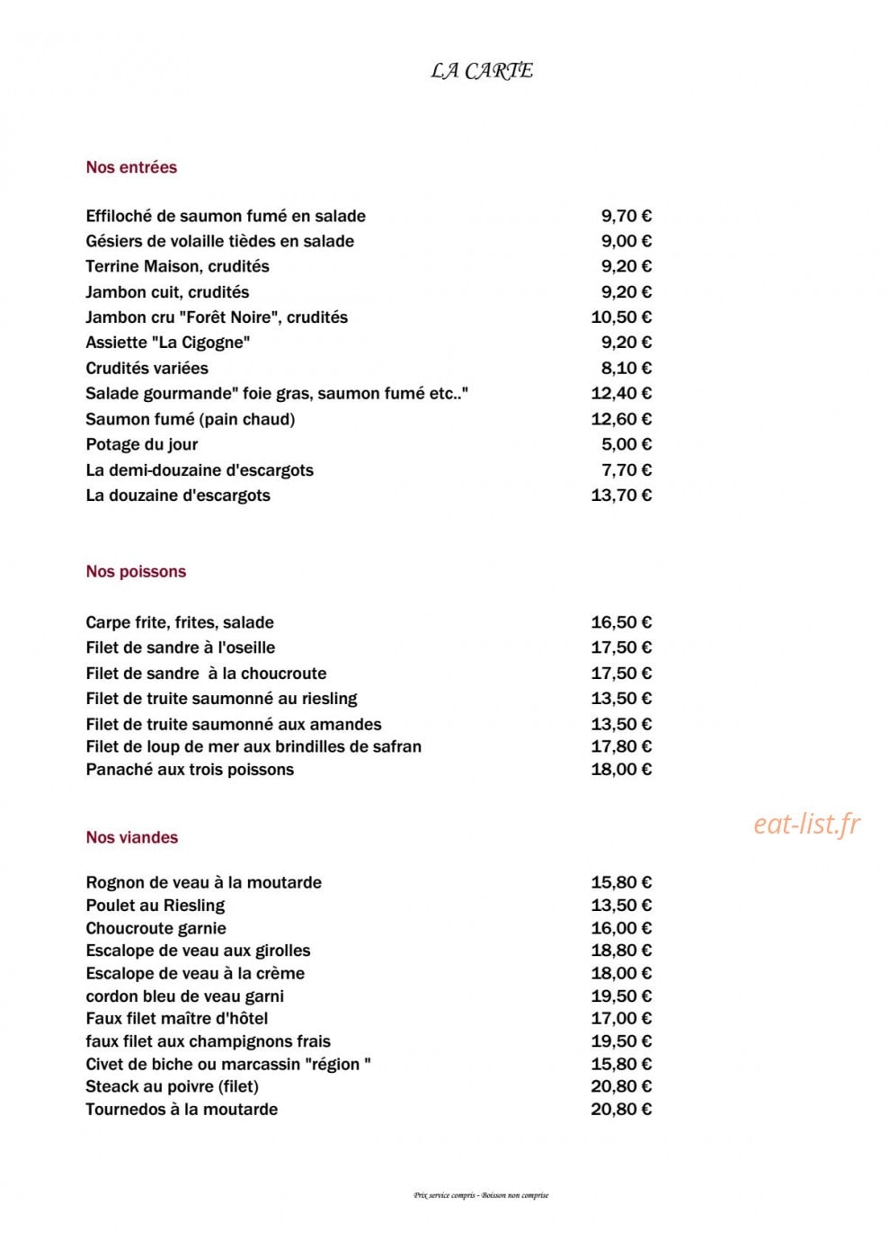 Auberge De La Cigogne — carte page 1