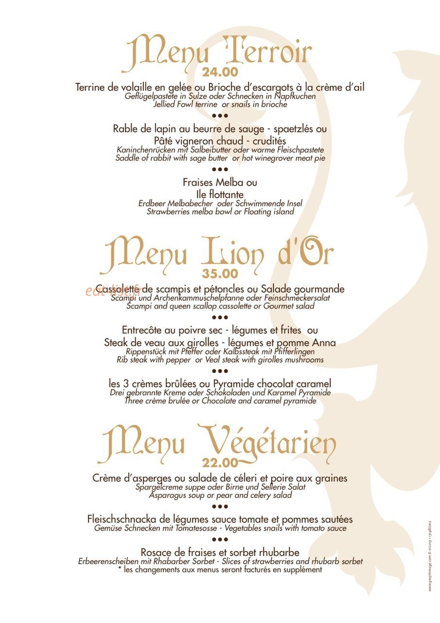 Restaurant au Lion d'Or — carte page 1