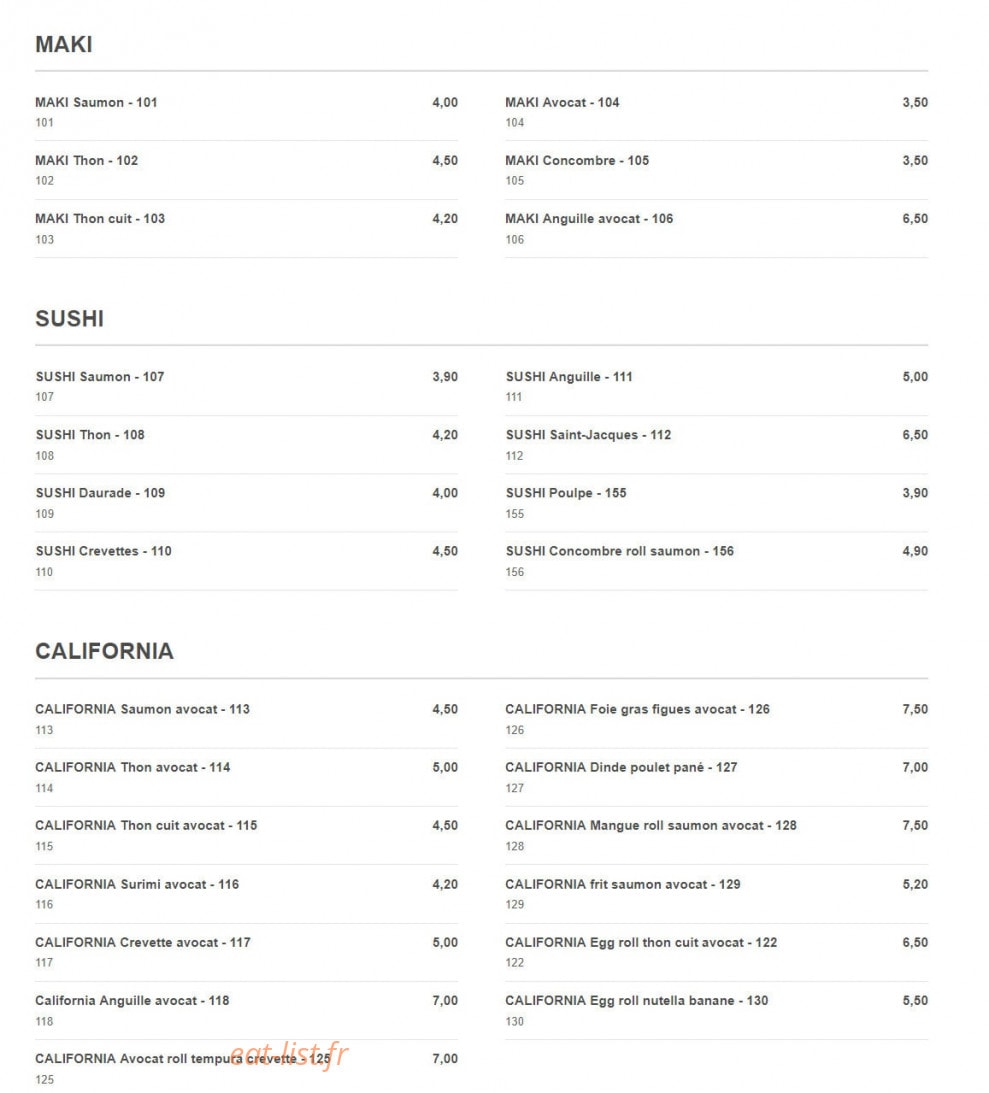 Zen Sushi — carte page 1