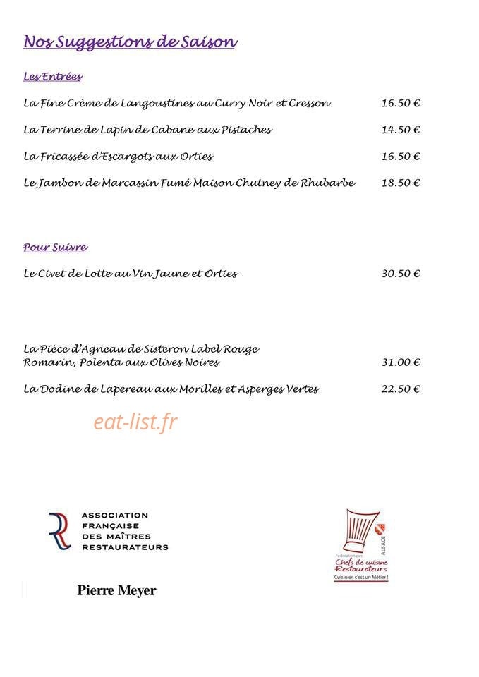 Carte et menu de Auberge Au Vieux Pressoir à Westhalten — Les suggestions de saison
