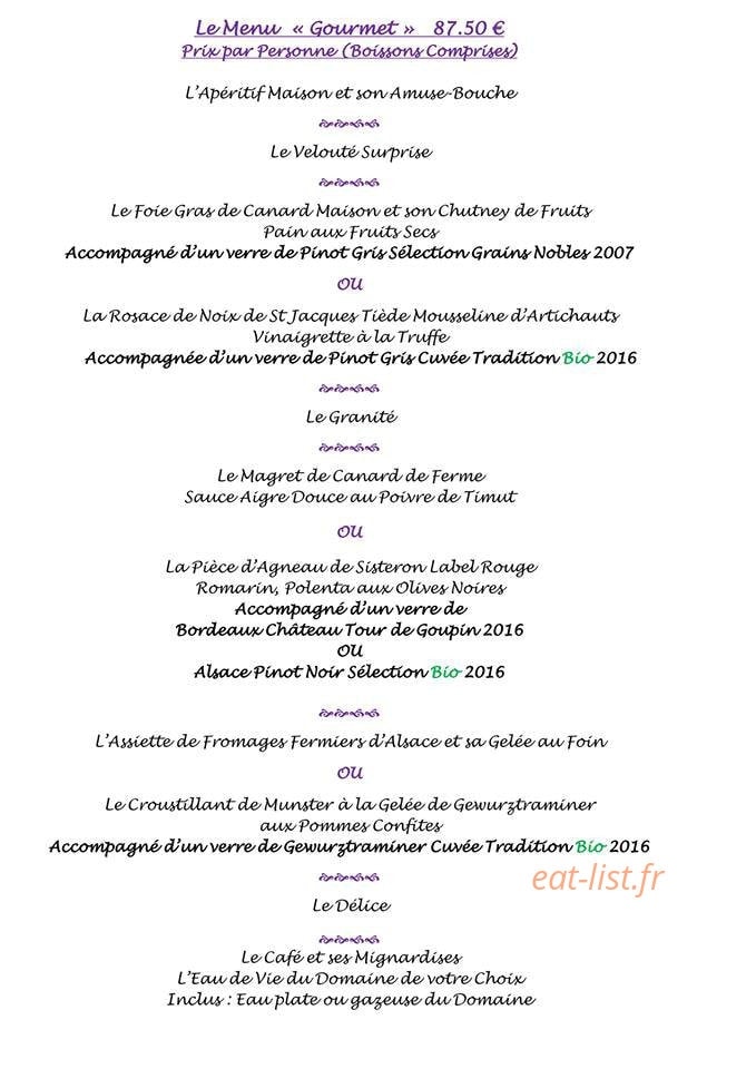 Carte et menu de Auberge Au Vieux Pressoir à Westhalten — Le menu gourmet