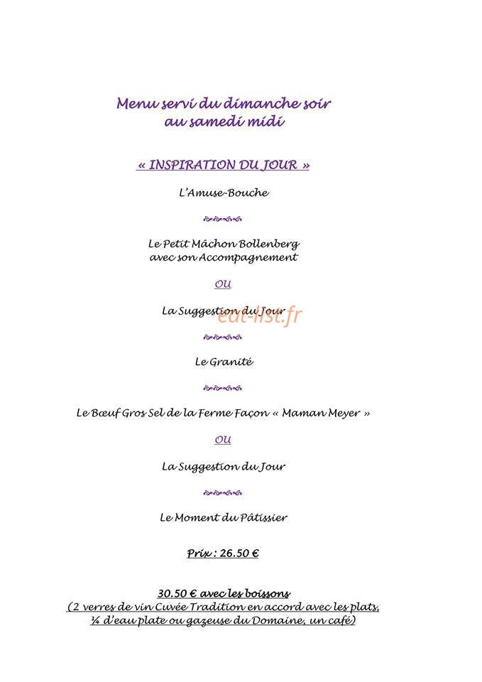 Carte et menu de Auberge Au Vieux Pressoir à Westhalten — Le menu du dimanche soir au samedi midi