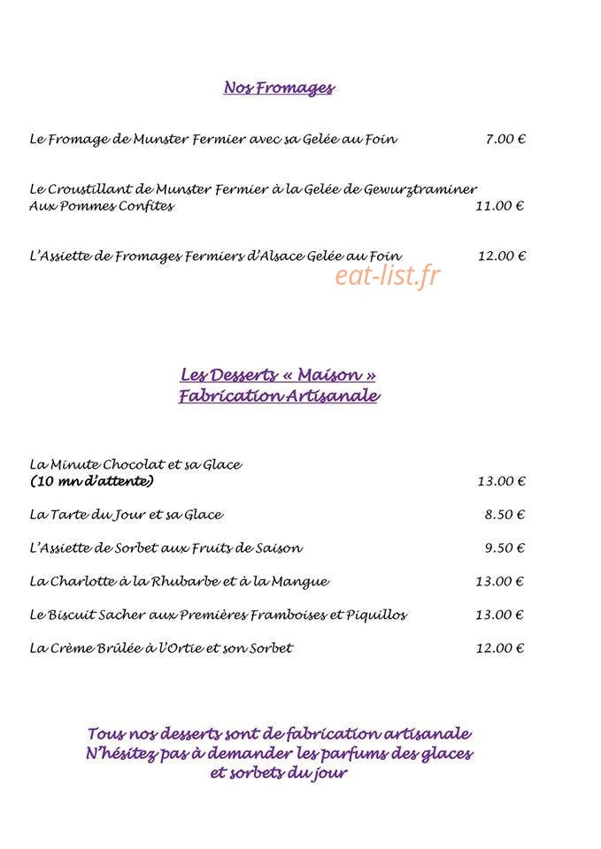 Carte et menu de Auberge Au Vieux Pressoir à Westhalten — Les fromages, les desserts ...