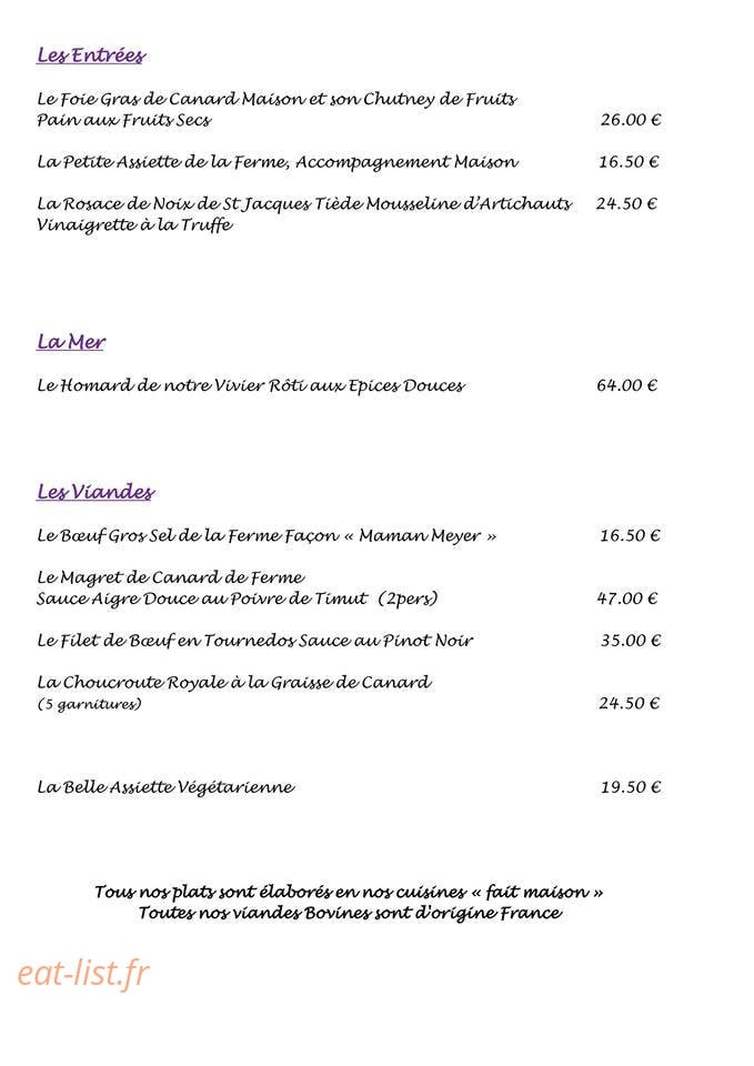 Carte et menu de Auberge Au Vieux Pressoir à Westhalten — Les entrées, les viandes ...